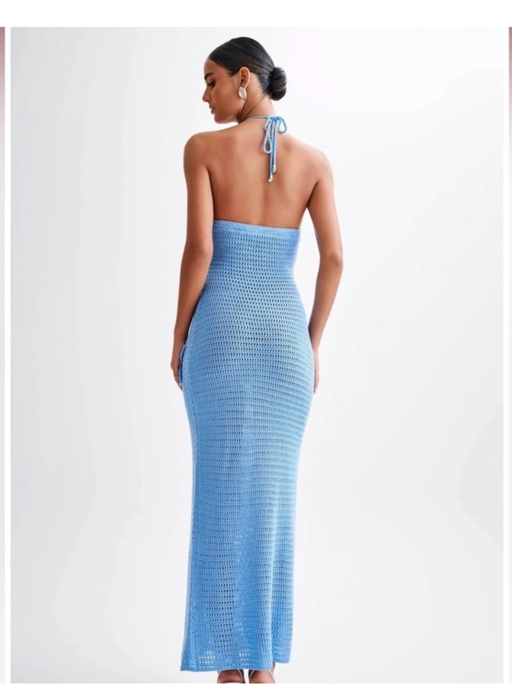 Meshki Sky-Blue Crochet Floral Halter Maxi Dress - Picture 2 of 3